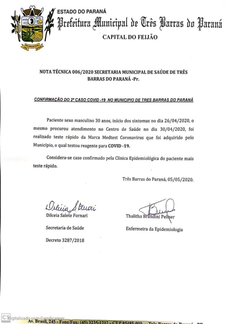 Segundo caso de Coronavírus é registrado em Três Barras do Paraná (atualizada)